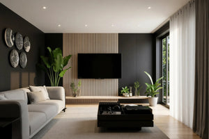 Hertford oak slatted TV wall panel in London seen from the doorway: the pale oak slat panel with the television, the floating oak shelf and plants, on a charcoal wall beside the terrace doors. Made to measure by Metro Home Interiors