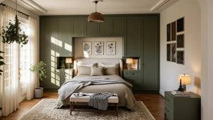 Highclere over-bed wardrobe in London seen from the doorway: the olive green shaker run with bedside cabinets, table lamps and the bridge above the headboard. Made to measure by Metro Home Interiors