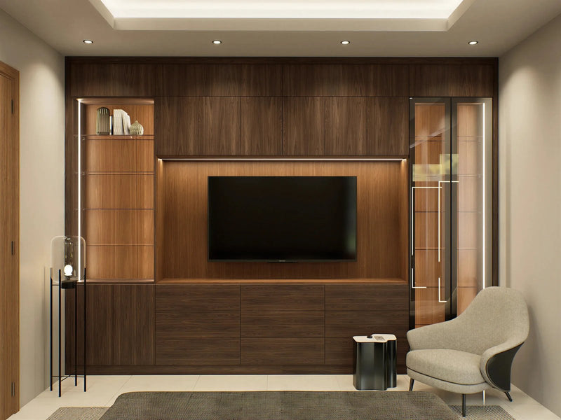 Living and media: the Wigmore walnut media wall with lit glass display columns