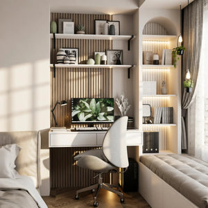 Isadora fitted bedroom furniture in London: cashmere sliding wardrobe doors with a mirror panel, lit open shelving, a fitted desk and a window seat; the fitted desk in its lit niche with a window seat beyond. Made to measure by Metro Home Interiors