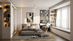 Isadora fitted bedroom furniture in London: cashmere sliding wardrobe doors with a mirror panel, lit open shelving, a fitted desk and a window seat; the whole room: sliding wardrobe, lit shelving, fitted desk and window seat around the bed. Made to measure by Metro Home Interiors
