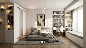 Isadora fitted bedroom furniture in London: cashmere sliding wardrobe doors with a mirror panel, lit open shelving, a fitted desk and a window seat; the room from the door, wardrobe and desk wall in evening light. Made to measure by Metro Home Interiors