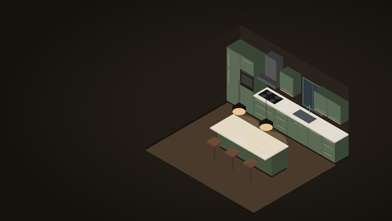 Island kitchen layout, illustrated cutaway