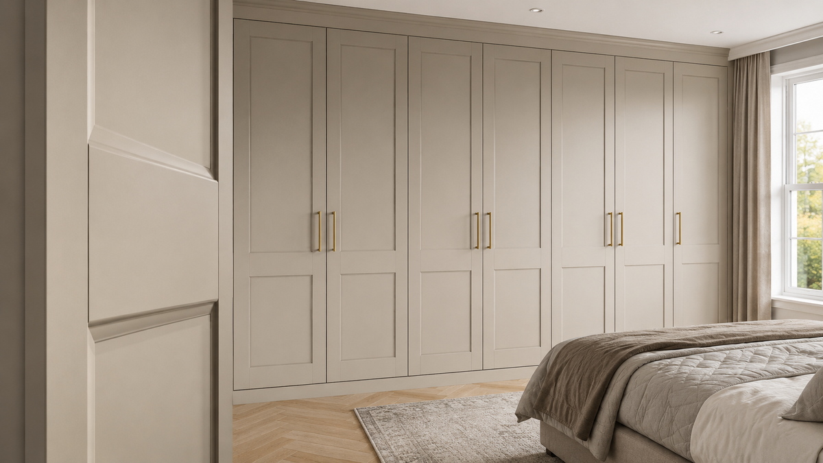Five-piece MDF shaker wardrobe doors with recessed panels and detailed framing