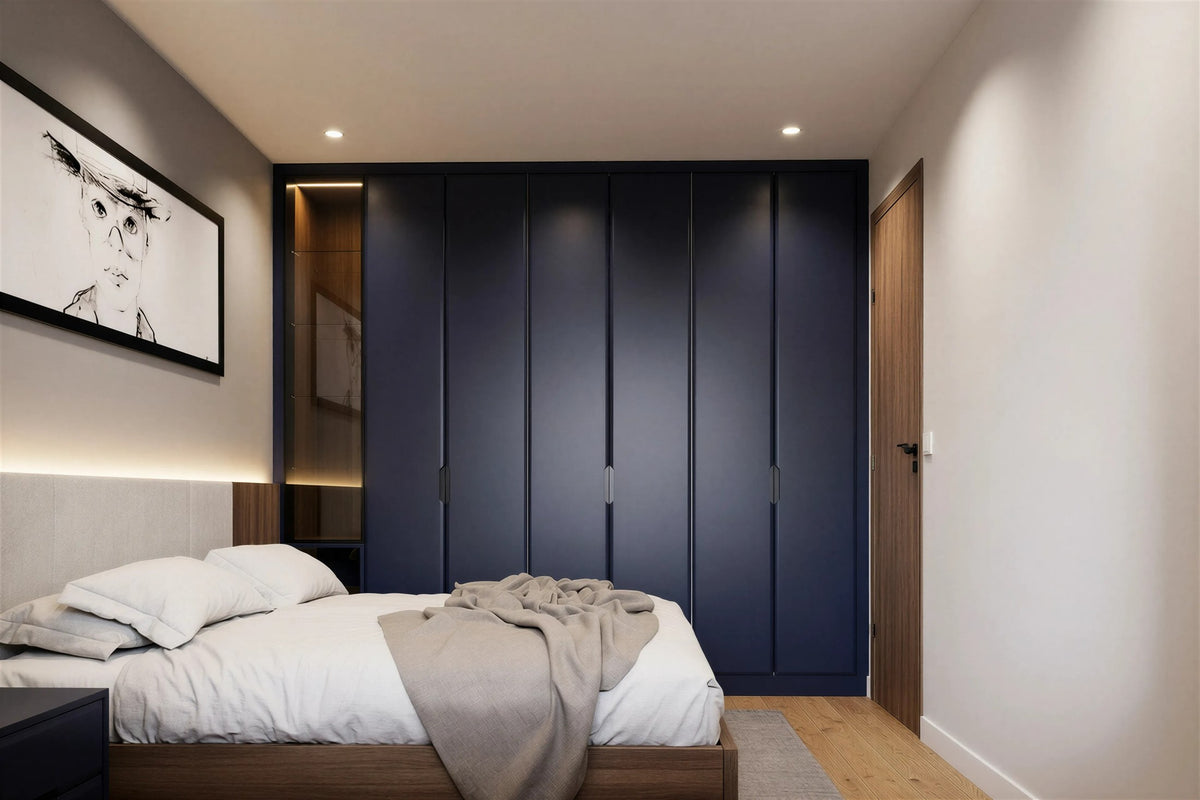 Navy blue fitted wardrobe — Jasper handleless doors with integrated edge grips