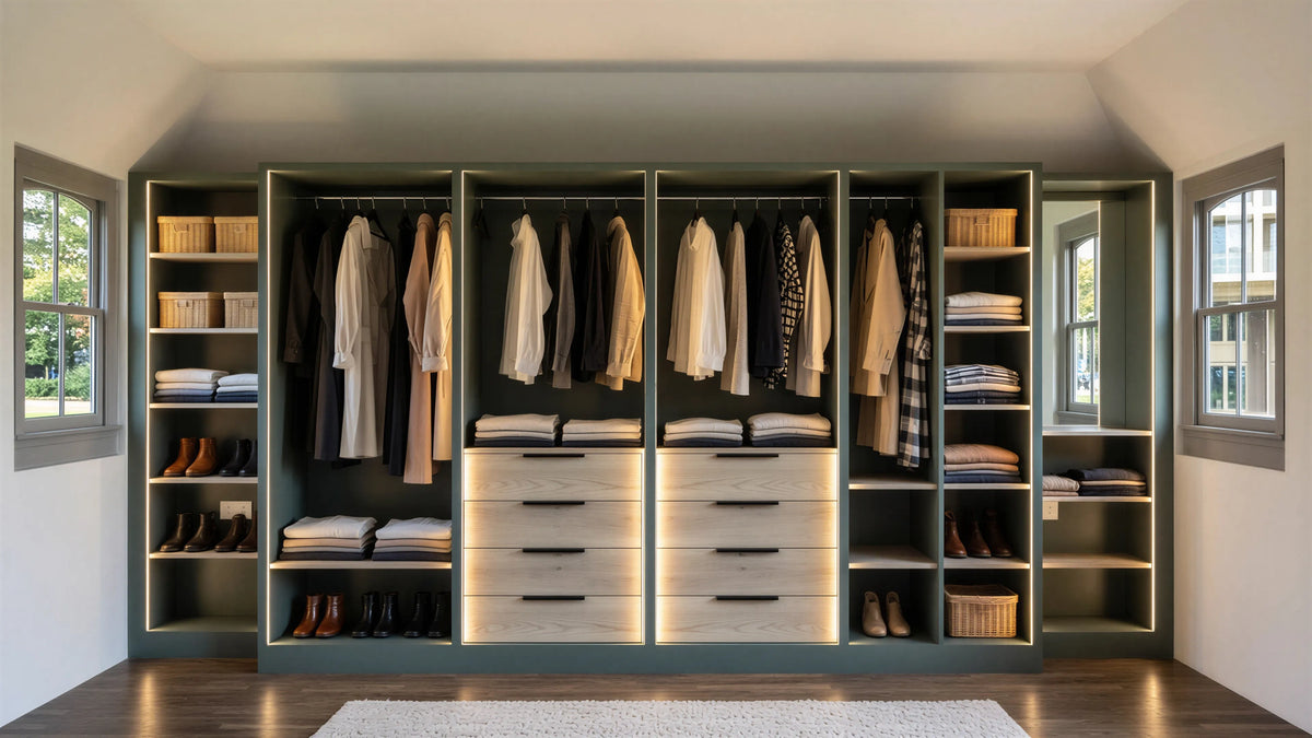 Juliet Hinged Wardrobe in Reed Green featuring open fitted wardrobe storage, Cotta Cremona Oak shelving and drawers, integrated mirror, hanging rails, warm LED lighting and bespoke bedroom furniture by Metro Home Interiors.