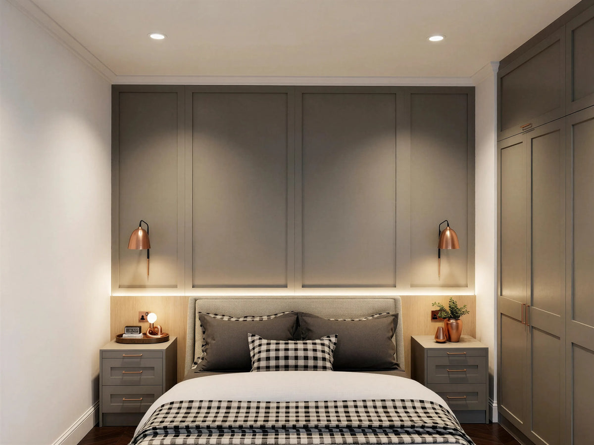 Kensal bedsides: a pair of grey three-drawer bedsides either side of the bed under a lit panelled headboard wall with copper wall lights