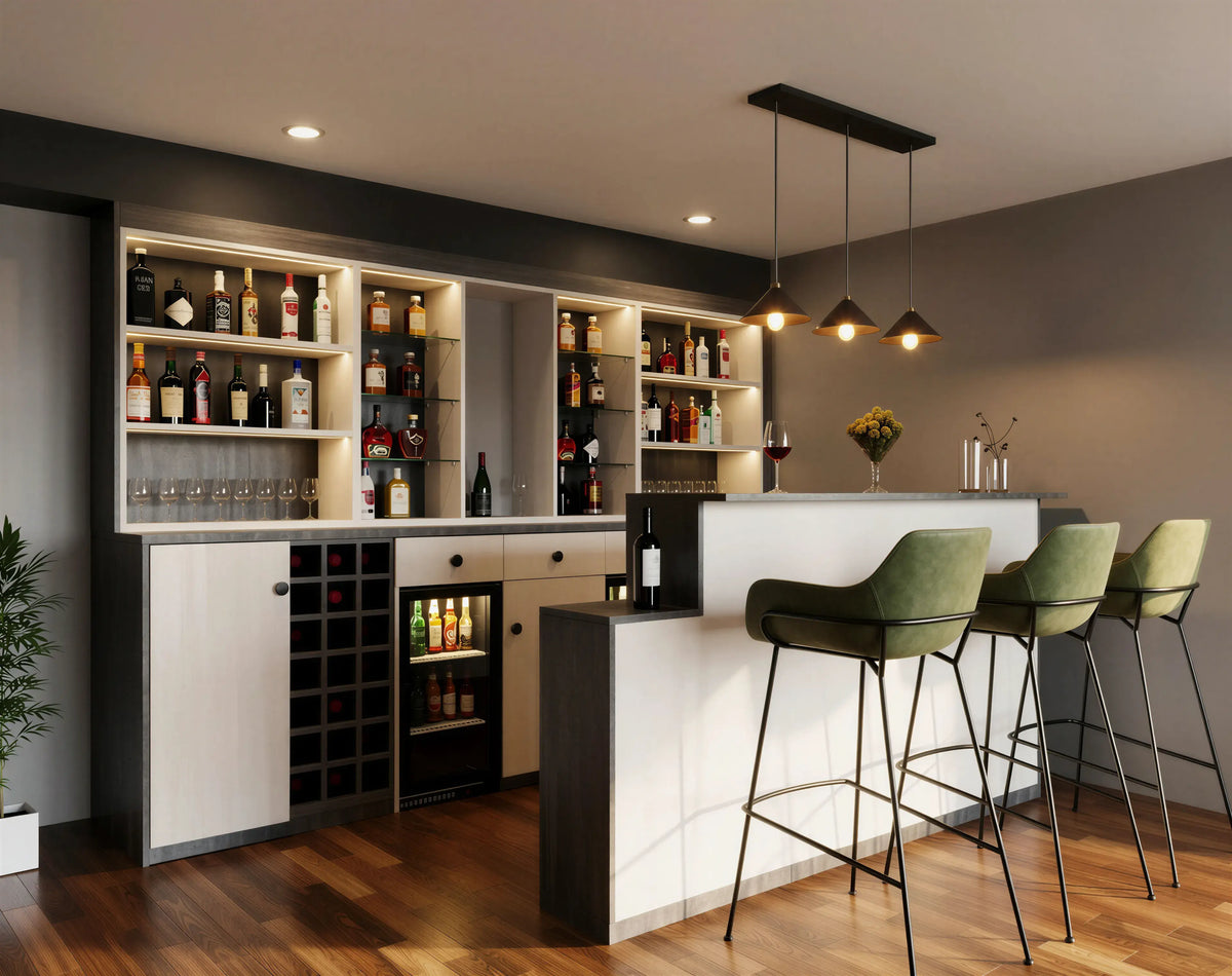 Kingscourt Bespoke Bar Unit with an L-shaped layout, Matt White and Dark Woodgrain finish, white marble-effect worktop, integrated wine storage, built-in drinks fridge, LED display shelving and bespoke cabinetry by Metro Home Interiors in London.