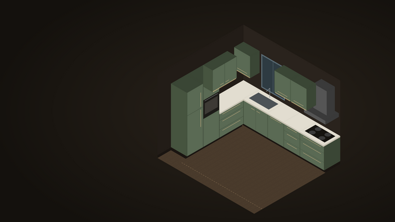L-shaped kitchen layout, illustrated cutaway