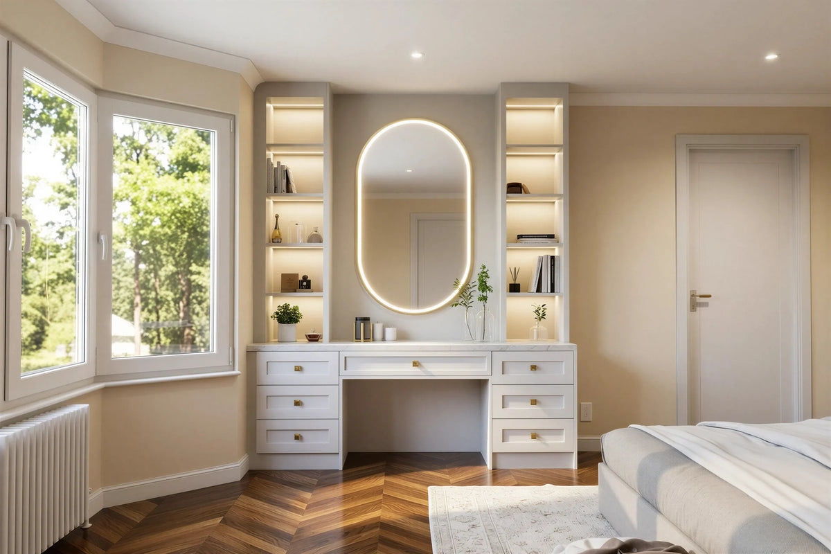 Lancaster dressing table in London: a white pedestal dressing table with drawers either side, lit shelving towers to the ceiling and an oval lit mirror, in a bay-windowed bedroom. Made to measure by Metro Home Interiors
