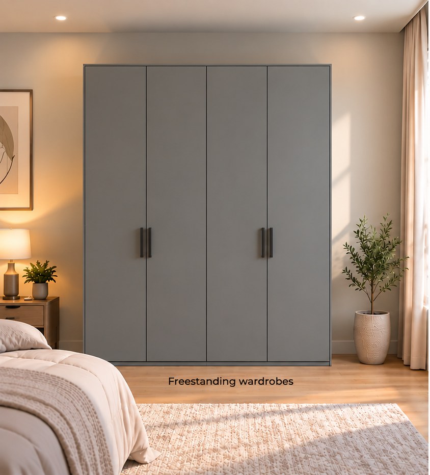 Level 1 Essential Collection: two factory-built freestanding wardrobe modules in Mouse Grey, doors closed, 800mm wide each, in a bedroom