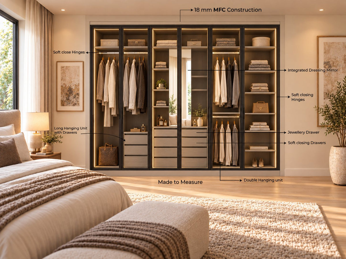 Level 10 Aluminium Frame: slim black-framed glass doors on a made-to-measure wardrobe with integrated dressing mirror, long hanging with drawers, jewellery drawer and double hanging
