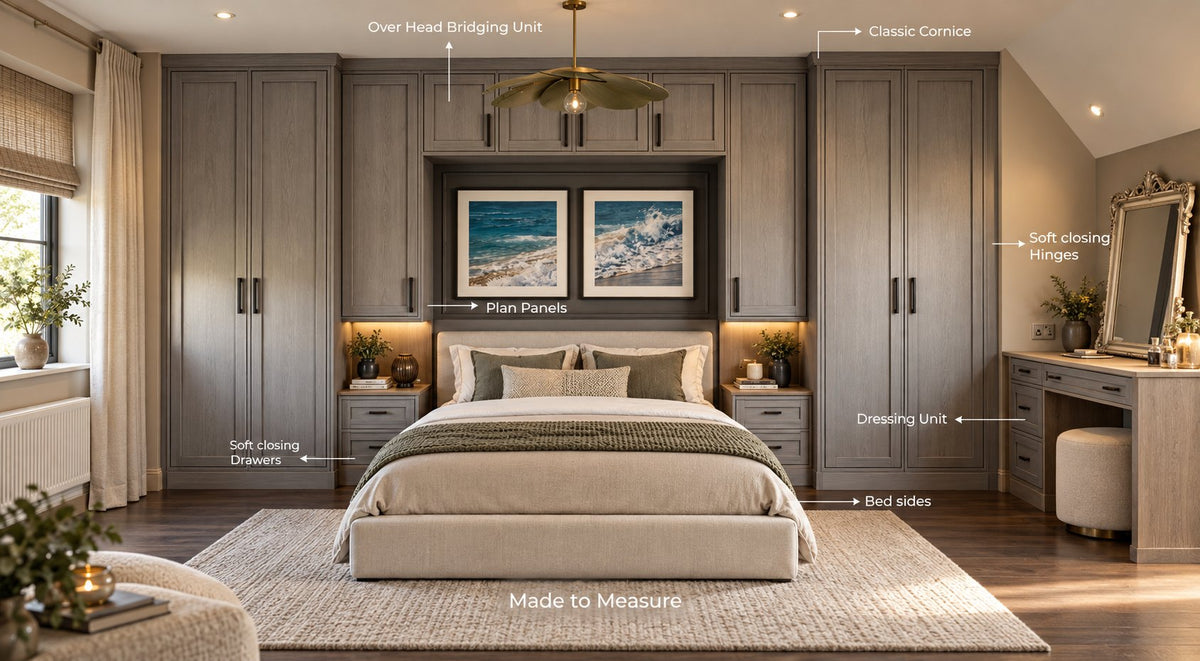 Level 11 Timber Painted: painted over-bed wardrobes with over-head bridging unit, classic cornice, plain panels, bedsides and a dressing unit