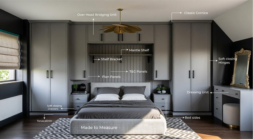 Level 12: over-bed wardrobes with mantle shelf, tongue-and-groove panels, torus plinth and dressing unit