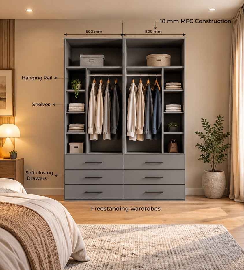 Level 2 Essential Plus Collection: two freestanding wardrobe modules open, showing hanging rail, shelves and soft-close drawers
