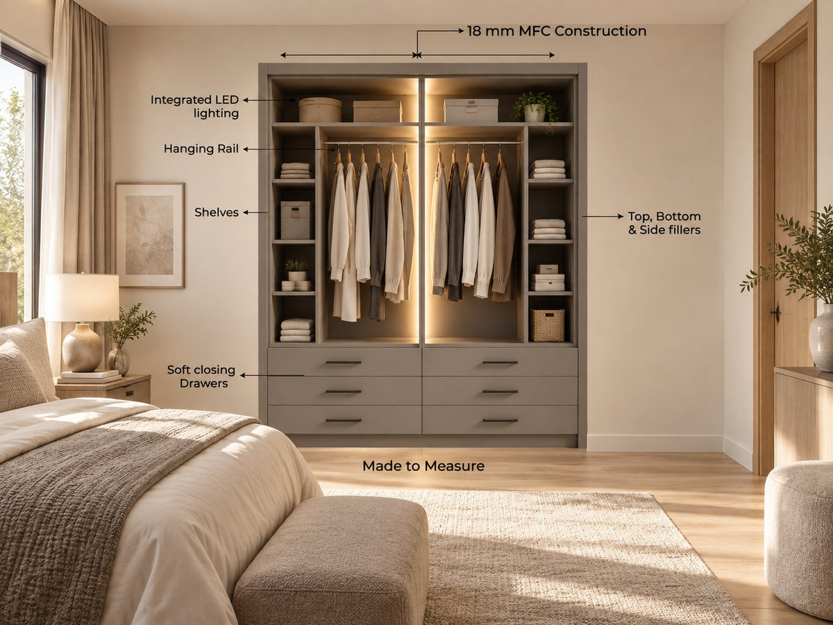 Level 3 Made to Measure: the same wardrobe open, showing hanging rail, shelves, soft-closing drawers, integrated LED lighting and top, bottom and side fillers