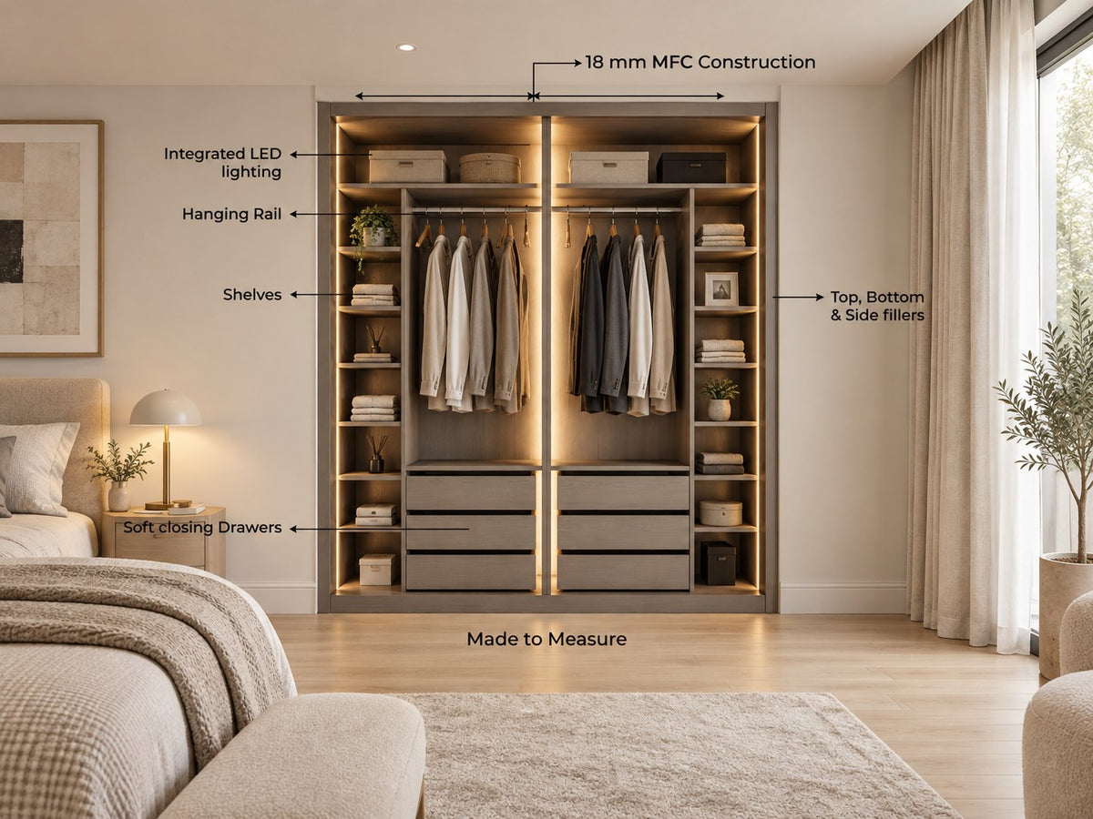 Level 4 Enhanced Design: the wardrobe open with integrated LED lighting, hanging rail, shelves, soft-closing drawers and fillers