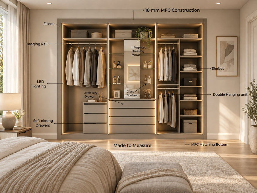 Level 5: lit interior with dressing mirror, jewellery drawer, glass shelves and double hanging
