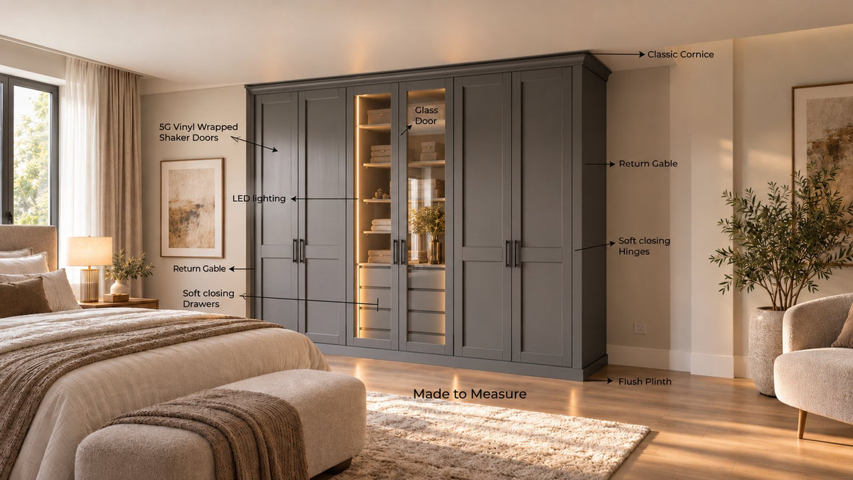 Level 6 Designer Door Plus: charcoal 5G Vinyl wrapped shaker doors with classic cornice, LED lighting, return gable and plinth, doors closed