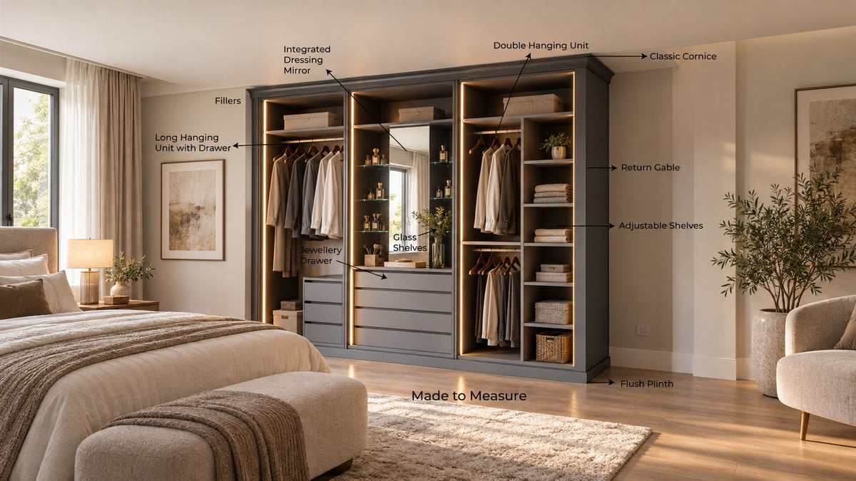 Level 6 Designer Door Plus: the wardrobe open with integrated dressing mirror, double hanging, long hanging with drawers, adjustable shelves and cornice