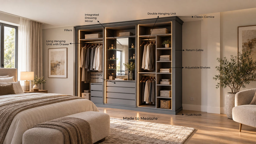 Level 6: the interior with dressing mirror, double and long hanging with drawers, and adjustable shelves