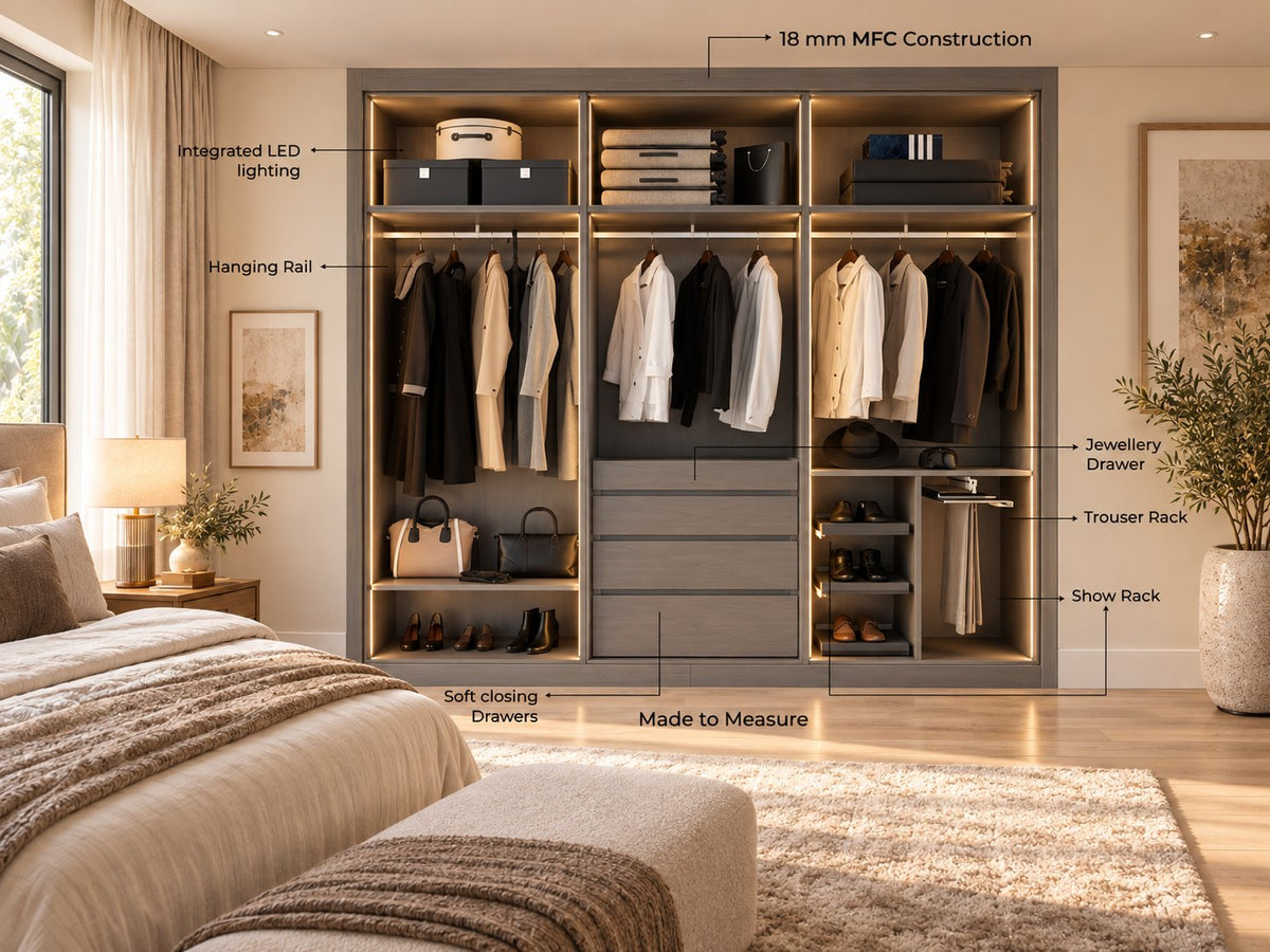 Level 7 MDF Painted: the wardrobe open with integrated LED lighting, hanging rail, jewellery drawer, trouser rack, shoe rack and soft-closing drawers