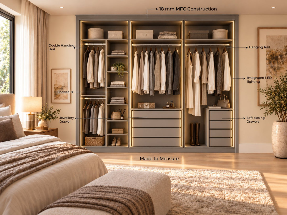 Level 8 5 Piece: the wardrobe open with double hanging unit, shelves, jewellery drawer, integrated LED lighting and soft-closing drawers