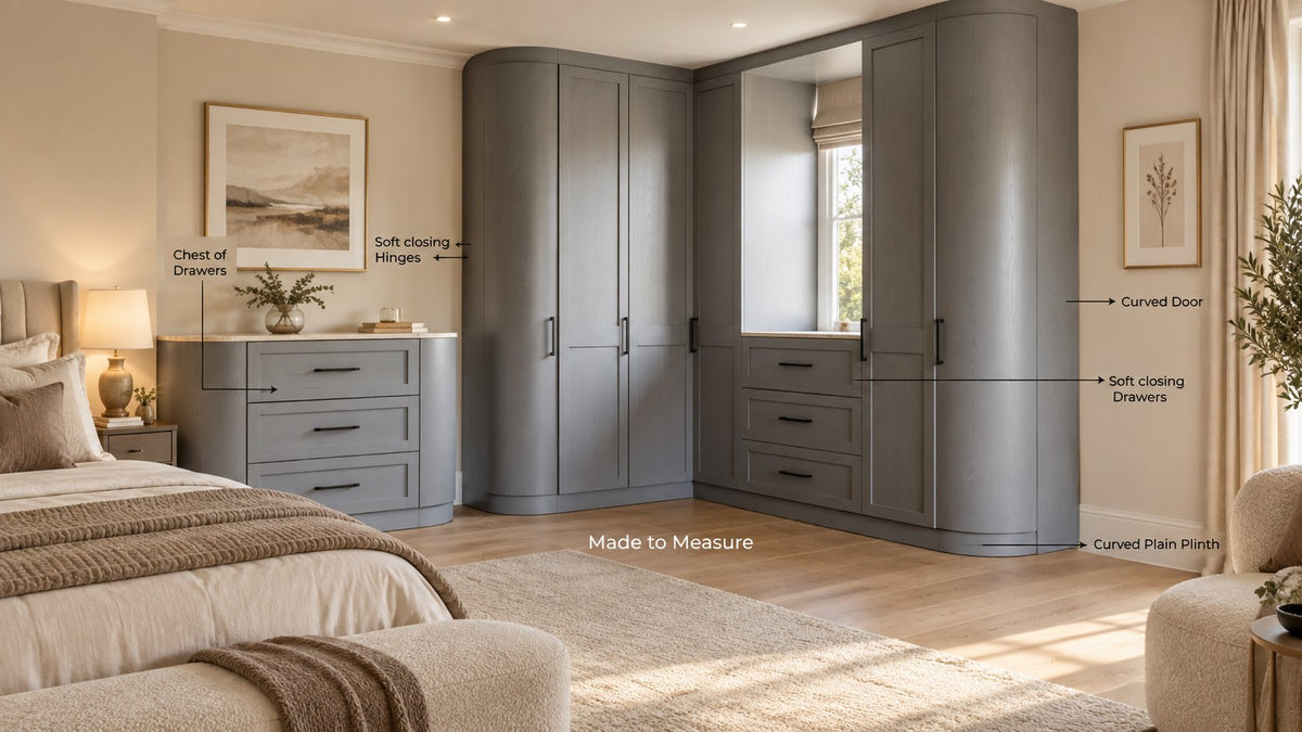 Level 9 Curved Door: a grey made-to-measure corner wardrobe with curved doors, curved plain plinth, chest of drawers and soft-closing drawers