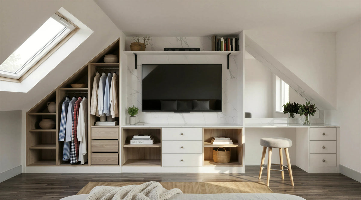 Warwick Loft Wardrobe with open shelving, integrated TV media unit, study desk, drawer storage, White Matt and Natural Oak Woodgrain finish by Metro Home Interiors in London.