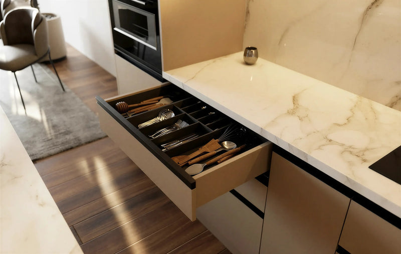 Maida Vale Handleless Kitchen in London: cream matt handleless doors with a white marble worktop, peninsula breakfast bar, walnut accents and black pendant lights; an open cutlery drawer under the white marble worktop. Made to measure by Metro Home Interiors