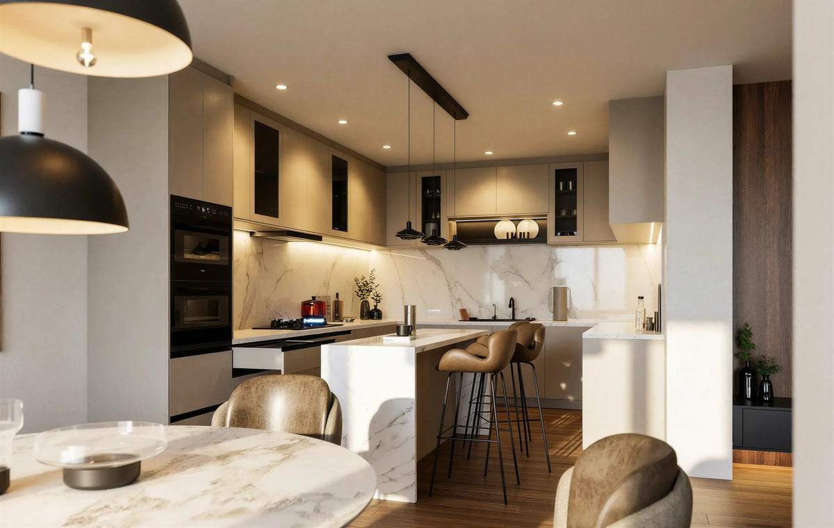 Maida Vale Handleless Kitchen in London: cream matt handleless doors with a white marble worktop, peninsula breakfast bar, walnut accents and black pendant lights; the peninsula breakfast bar with stools, pendant lights and walnut tall units. Made to measure by Metro Home Interiors