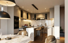 Maida Vale Handleless Kitchen in London: cream matt handleless doors with a white marble worktop, peninsula breakfast bar, walnut accents and black pendant lights; the peninsula breakfast bar with stools, pendant lights and walnut tall units. Made to measure by Metro Home Interiors