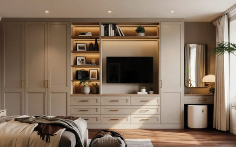 Cream fitted bedroom furniture with a lit media wall and dressing table, made to measure in London