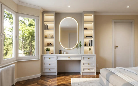 Dressing tables: a white pedestal dressing table with lit shelving towers and an oval lit mirror