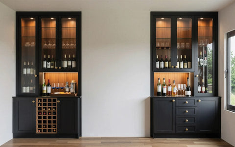 Black fitted bar units with lit glazed cabinets and a wine rack, made to measure in London