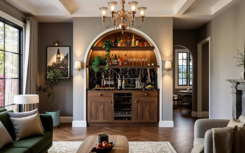 Fitted bar units: the Grosvenor walnut bar built into an arched alcove with a marble splashback