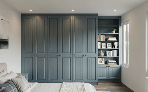 Blue-grey shaker fitted bedroom furniture with a lit bookcase, made to measure in London