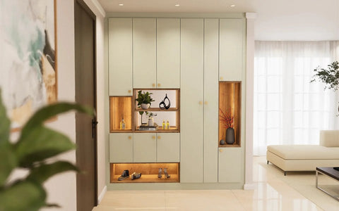 Fitted foyer units: the Albany sage hallway unit with lit oak niches and a shoe bay