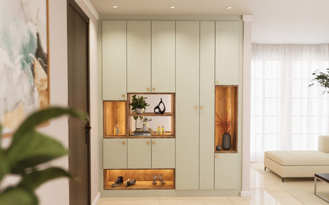 Sage green fitted foyer unit with lit display shelves, made to measure in London