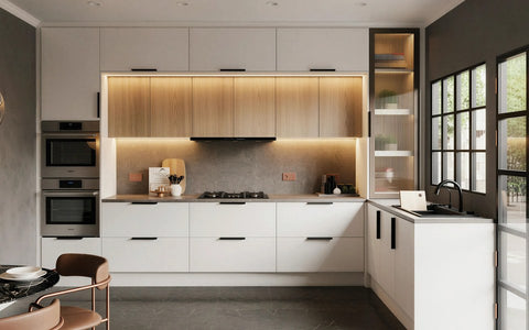 White handleless fitted kitchen with lit oak wall units, made to measure in London