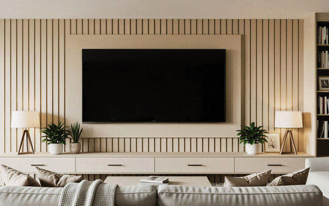 Cream fluted fitted wall panels behind a television, made to measure in London