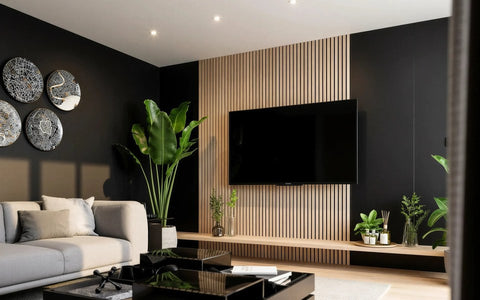 Fitted wall panels: the Hertford pale oak slatted TV wall panel on a dark wall