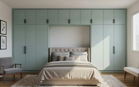 Sage green fitted wardrobes around a bed, made to measure in London