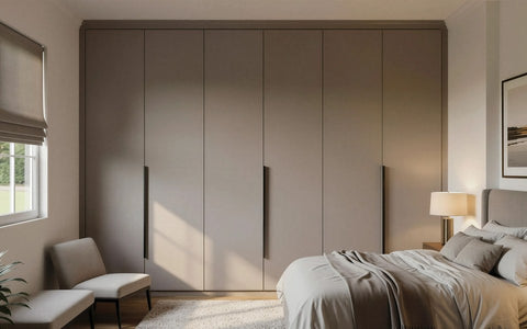 Taupe hinged-door fitted wardrobes in a bedroom, made to measure in London