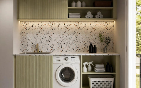 Laundry rooms: the Balham sage fluted laundry with a terrazzo worktop