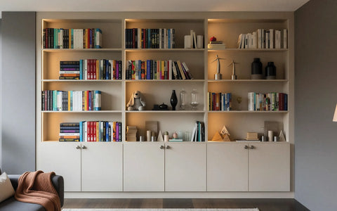 Cream fitted library wall with lit bookshelves, made to measure in London