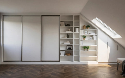 White loft wardrobes under a sloping ceiling, made to measure in London