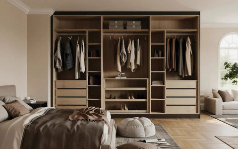 Light oak master bedroom suite with open wardrobes, made to measure in London