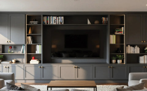 Charcoal shaker fitted media wall with a television recess, made to measure in London