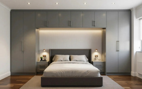 Over-bed wardrobes: the Blenheim dust grey and white over-bed wardrobe with a lit slatted headboard